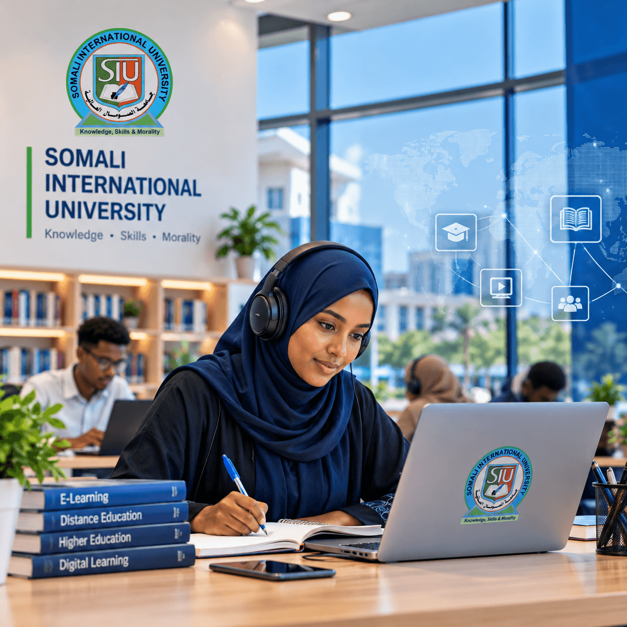 SIU student studying online in a university library, using a laptop with the SIU logo
